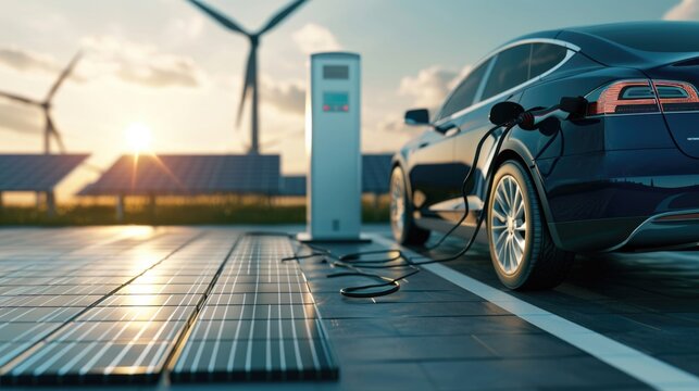 Using Of Charge Station, Solar Panel And Windmill Background. Sustainability Assessment, Renewable Energy Concept. Electric Vehicle Using Sustainable Source, Wind Generator. Saving, Climate Change. 