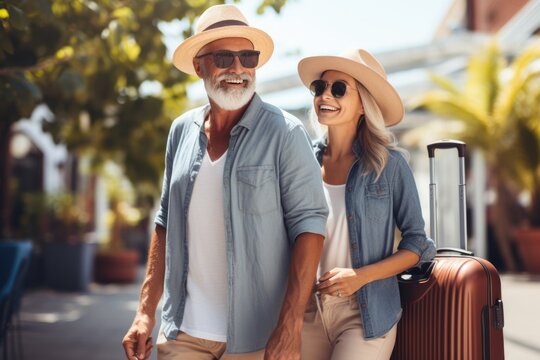 Happy tourist senior couple smiling cheerfully while standing outdoors with luggage. ai generated