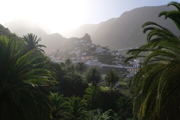 Beautiful scenery of palms and panorama of town Hermigua in mountains on misty day on La Gomera, Canary Islands, Spain