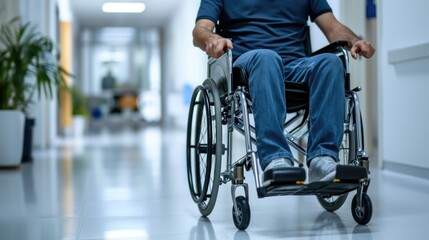 Man on wheelchair disability holding wheel in a hospital for healthcare. Disabled, mobility problem and male person in white clinic for support and medical care with hands of patient and mockup 