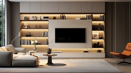 A TV wall with integrated storage for a sleek look.