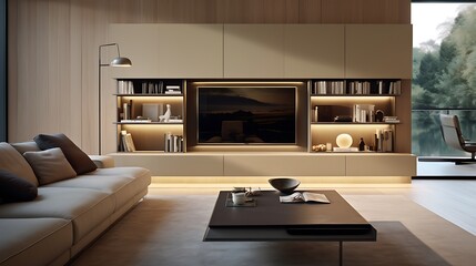 A TV wall with integrated storage for a sleek look.