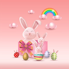 Easter poster template with Easter eggs on a light blue background. Easter bunny, greetings and gifts for Easter Day