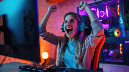 Winning pose, with young woman cheering in front of computer screen 