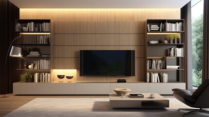 A TV wall with integrated storage for a sleek look.