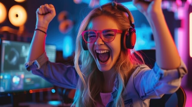 Shot of the Beautiful Friendly teenager Pro Gamer Girl Streaming Online Video Game and Winning it, Wearing Headset and Shares with Her Fans. Teenagers Having Fun. Background Cool Neon Retro Colors.