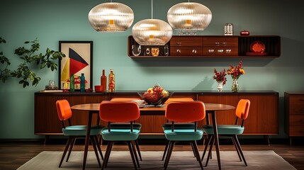 A vintage-inspired dining room with retro lighting and mid-century furniture.