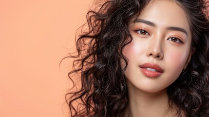 Fototapeta premium Young Asian beauty woman curly long hair with korean makeup style on face and perfect skin on isolated peach background. Facial treatment, Cosmetology, plastic surgery.