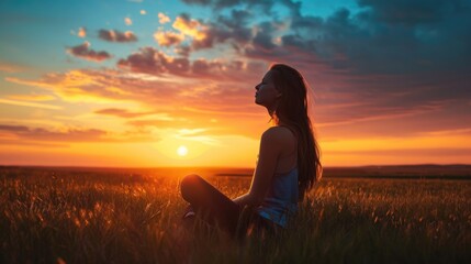 Young woman relaxing in summer sunset sky outdoor. People freedom style.