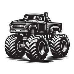 Cool car with big wheels. Monster truck. Vintage outline illustration. Black engraving, logo, round emblem. Isolated object. png