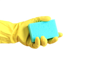 A woman's hand in a yellow latex glove holds a dishwashing sponge. Cleaning the premises. Professional cleaning. Household gloves, yellow. Cleaning woman