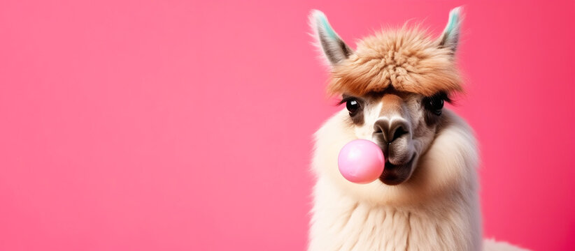 Funny llama blowing gum isolated on hot pink background with copy space. Generative AI illustration.