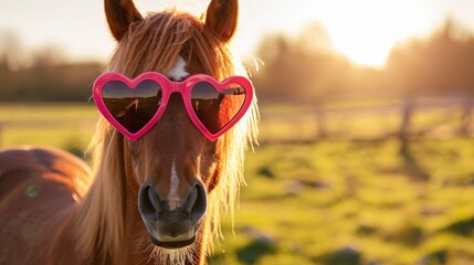 Playful Horse Wearing Heart-Shaped Sunglasses at Sunset