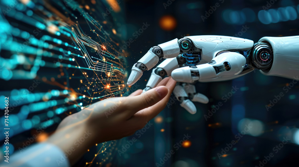 Poster robot and human hand touch, surrounded by holographic data network, emphasizing ai-human interaction