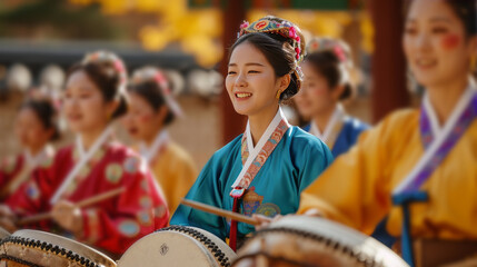 Traditional Drum Performance in Colorful Attire