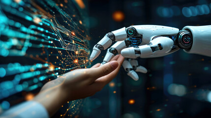 Robot and human hand touch, surrounded by holographic data network, emphasizing AI-human interaction in tech, Concept of Artificial intelligence, AI robot, machine learning technology development