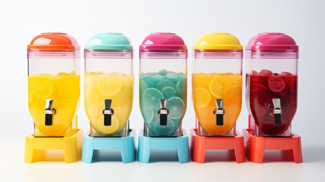 Colorful Fruit Slushy Machines Displayed in a Row - Powered by Adobe