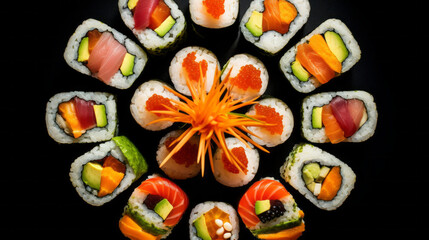 Sushi on black background in in kaleidoscope style. Sushi art. Beautiful serving. Traditional Japanese food. Rice and fish.