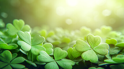 Green clover leaves on blurred background. St. Patrick's day concept