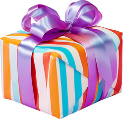 Gift wrapped in bright wrapping paper isolated on transparent background. PNG
