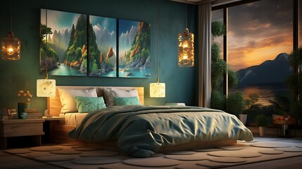 A bedroom with a color scheme inspired by nature.