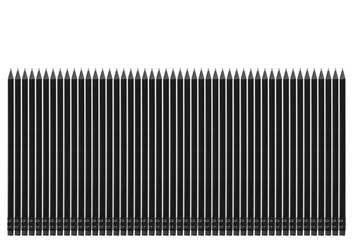 Row of identical black pencils isolated on transparent background. Close up.