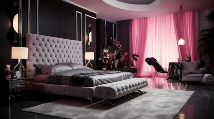 A bedroom with a Hollywood glam look.