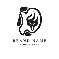 Initial logotype letter DE and dragon head silhouette vector logo icon in black and white color	