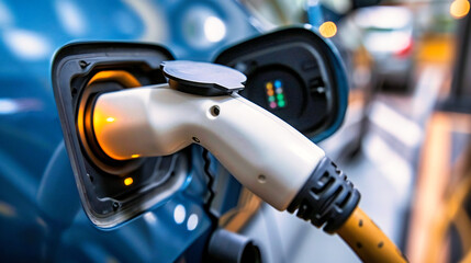 Car refueling station with a hand holding a hose, representing modern automotive technology.