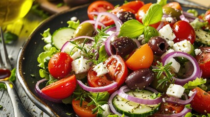 A Greek salad with plump cherry tomatoes, cucumber, red onion, Kalamata olives, feta cheese, and a drizzle of olive oil and oregano