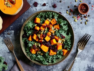 A kale and roasted butternut squash salad with dried cranberries, pumpkin seeds, and a maple mustard vinaigrette