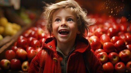 Fototapeta na wymiar Joyful Child in Apple Orchard: A Moment of Pure Bliss