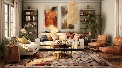 A bohemian-inspired living room with layered rugs and eclectic decor.