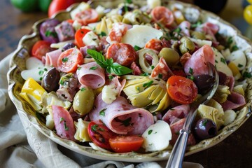 An antipasto salad with salami, ham, provolone, artichokes, olives, pepperoncini, and an Italian vinaigrette