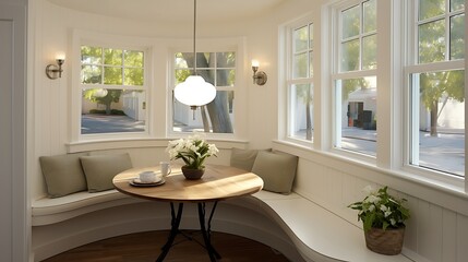 A breakfast nook with built-in seating and a round table.
