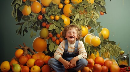 Fototapeta na wymiar Joyful Child Amidst Citrus Delight - Fresh Fruits and Laughter