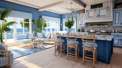 A coastal-themed kitchen with blue and white colors and beachy decor.