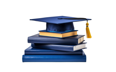 Graduation Thrive Celebrating, and Loving Your Royal Blue Cap with Books on a White or Clear Surface PNG Transparent Background.