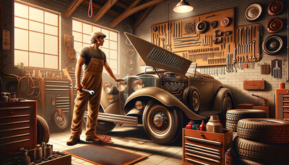 A mechanic stands proudly in a well-organized garage, tools hung meticulously behind an open vintage car.Car repair service concept. AI generated.	 - obrazy, fototapety, plakaty