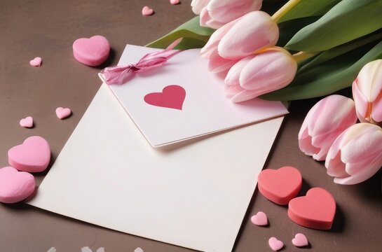 Valentines' day card with hearts Bouquet of beautiful roses or tulips on wooden decorated background. Empty Valentine's card for text or image 