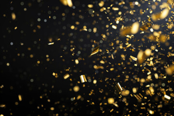 Luxurious black backdrop with a cascade of golden confetti, ideal for upscale event announcements, glamorous product launches, and sophisticated advertising. Festive blurred background.