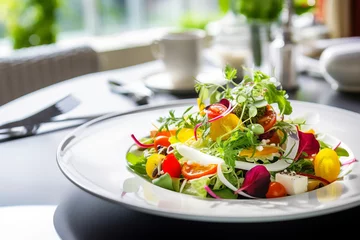 Keuken spatwand met foto Fresh and colorful mixed salad with a variety of vegetables served in an elegant white plate. Spring vegetable salad with cherry tomatoes. Healthy organic vegan lunch, close up.  © pijav4uk