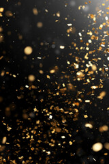 Luxurious black backdrop with a cascade of golden confetti, ideal for upscale event announcements, glamorous product launches, and sophisticated advertising. Festive blurred background.