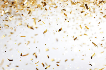 Elegant white background scattered with dynamic golden confetti, ideal for luxury branding, festive occasions, and upscale design projects. Festive background.