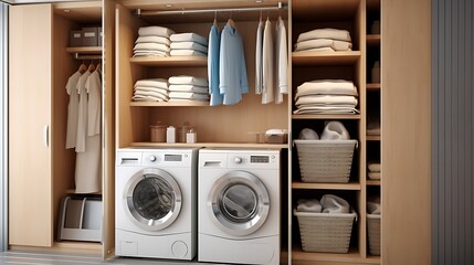 A compact and efficient laundry room with custom storage and folding space.