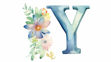 Uppercase english letter Y. Colorful watercolor aquarelle font type. Floral Alphabet. Botanic flower, leaf composition. Good for wedding, bridal, birthday, greeting, baby shower card, design element