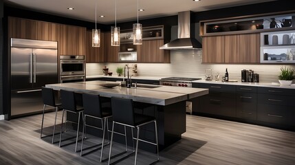 A contemporary kitchen with sleek cabinetry and a waterfall edge countertop.