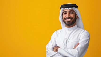Fototapeta premium Portrait of arabic man with kandora in a studio on yellow isolated background 
