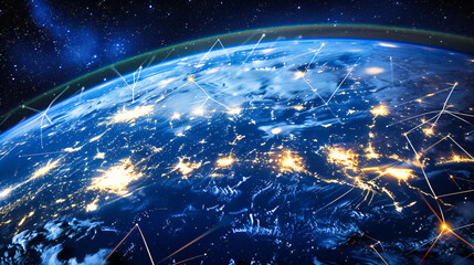 Earth viewed from space at night with city lights, representing global connectivity.