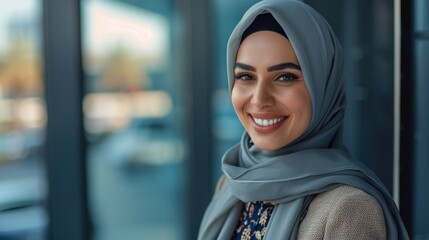 Close-up portrait of young beautiful arab woman, muslim woman in hijab smiling and looking at camera, standing near window at big modern office.